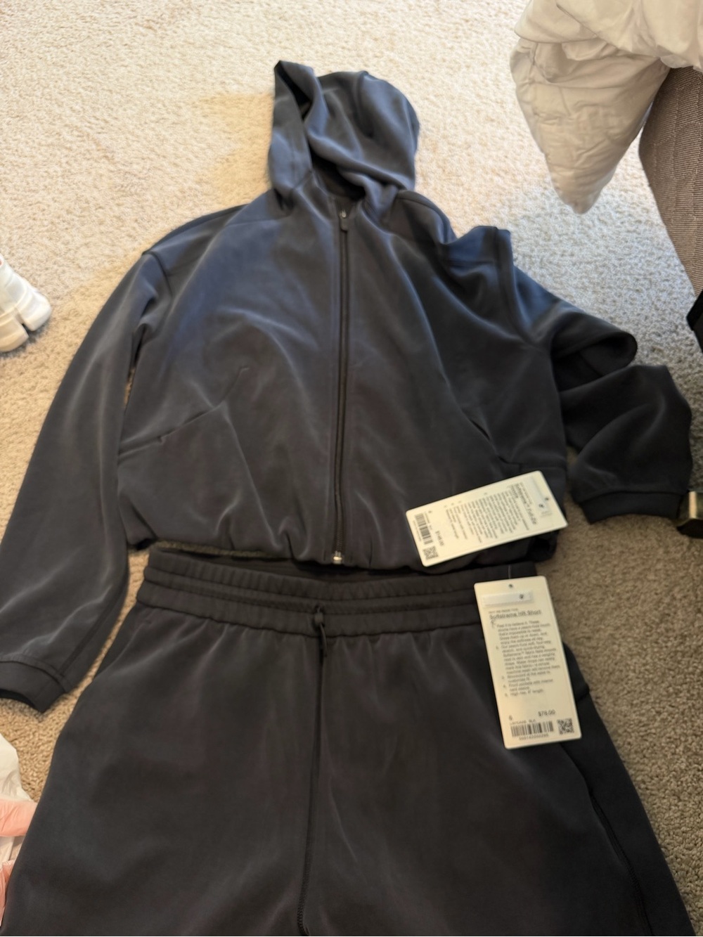 Lululemon Softstreme hoodie and shorts.